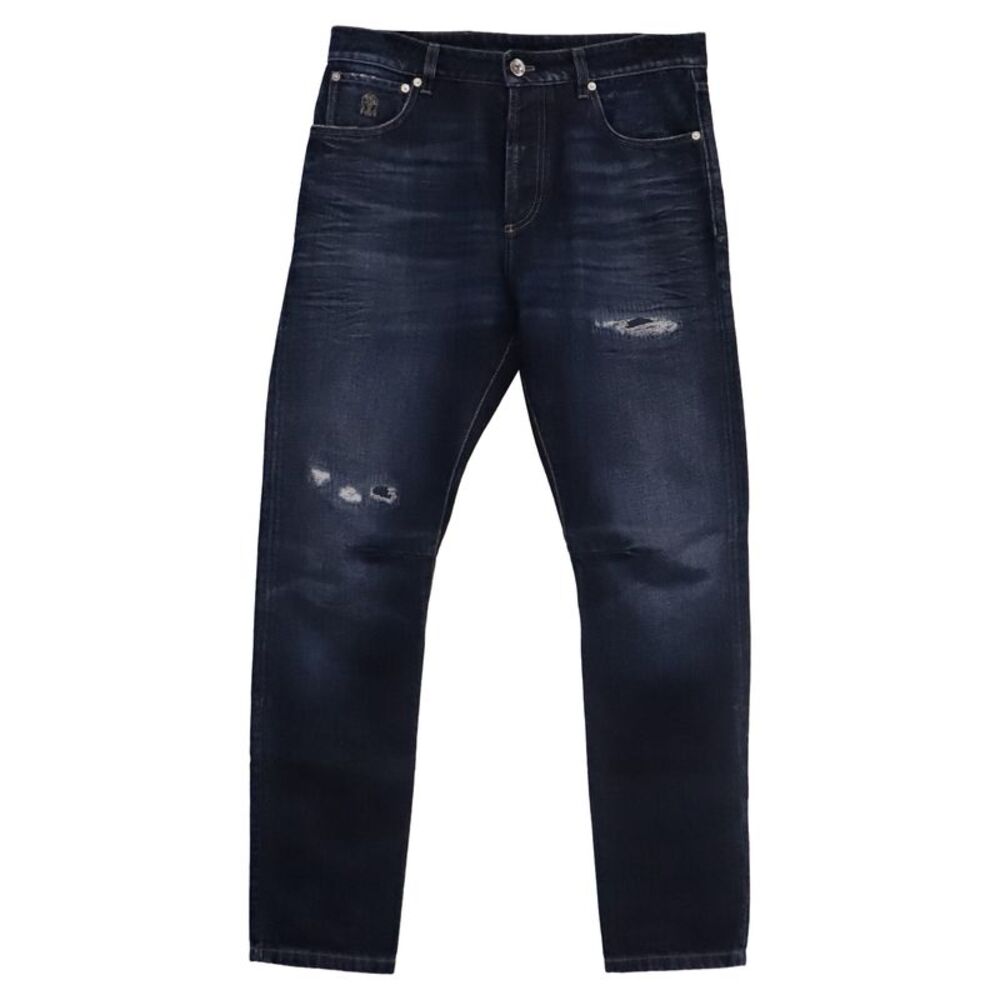 Brunello Cucinelli Tattered Denim Jeans in Navy Blue Cotton